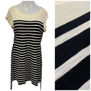 Merona Dress Womens Medium Stripe Belted Coastal Preppy Nautical Black Cream